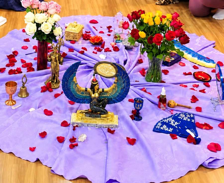 Altar com a estátua de Ísis alada, rosas, cálices e pétalas sobre um tecido lilás