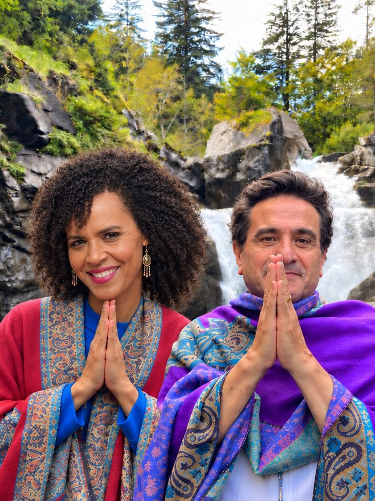 Ayala e Ayam com as mãos unidas em prece, diante de uma cachoeira na mata