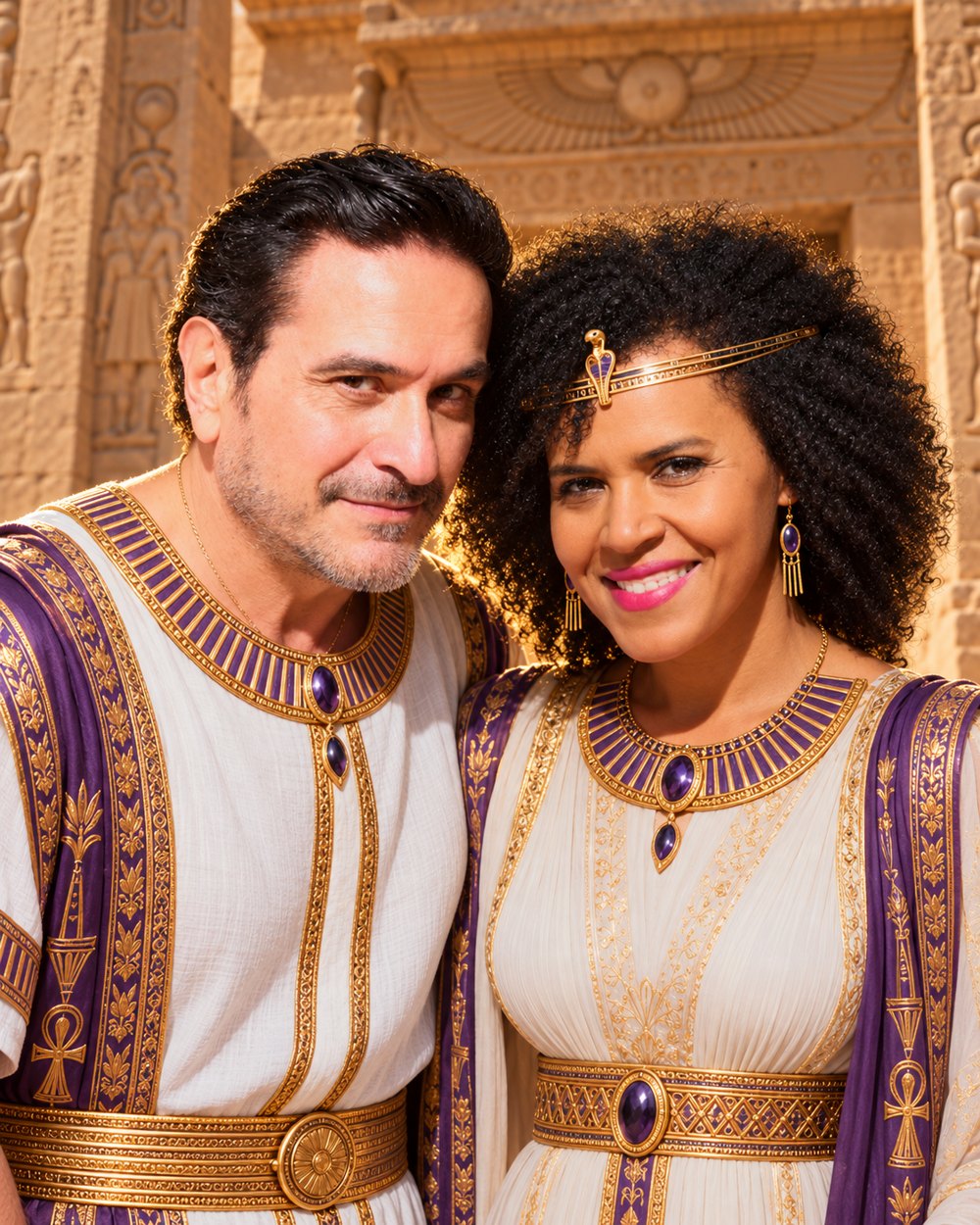 Ayala e Ayam diante do portal de um templo egípcio, vestidos de linho branco com detalhes em dourado e violeta
