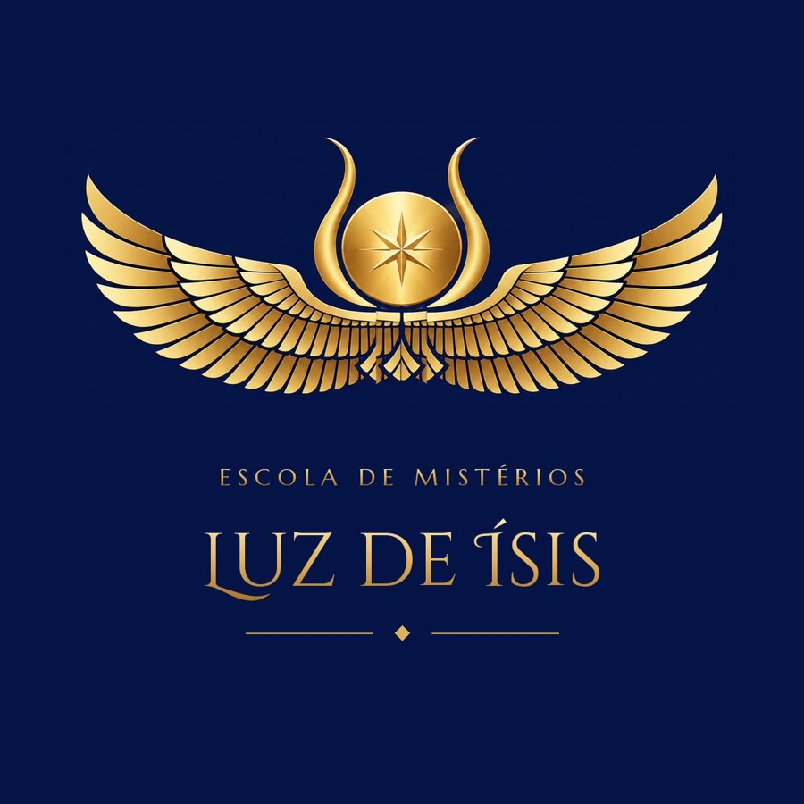 Logotipo da Escola de Mistérios Luz de Ísis: disco solar com estrela entre chifres e asas douradas